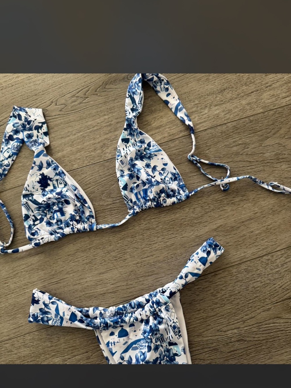 Blue Floral Triangle Bikini Top and Bottom Set